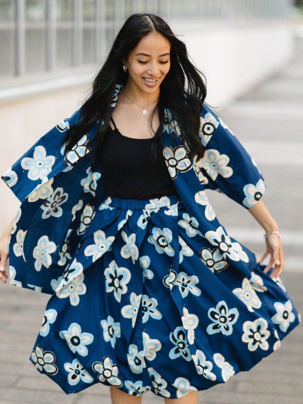 UNIQLO x MARNI Balloon Shape Skirt Blue Floral Hand-Painted Bubble Maxi Size Med
